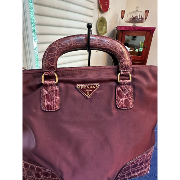 Prada Burgundy Medium Tote Bag w/Crocodile Embossed Leather - Picture 2 of 10
